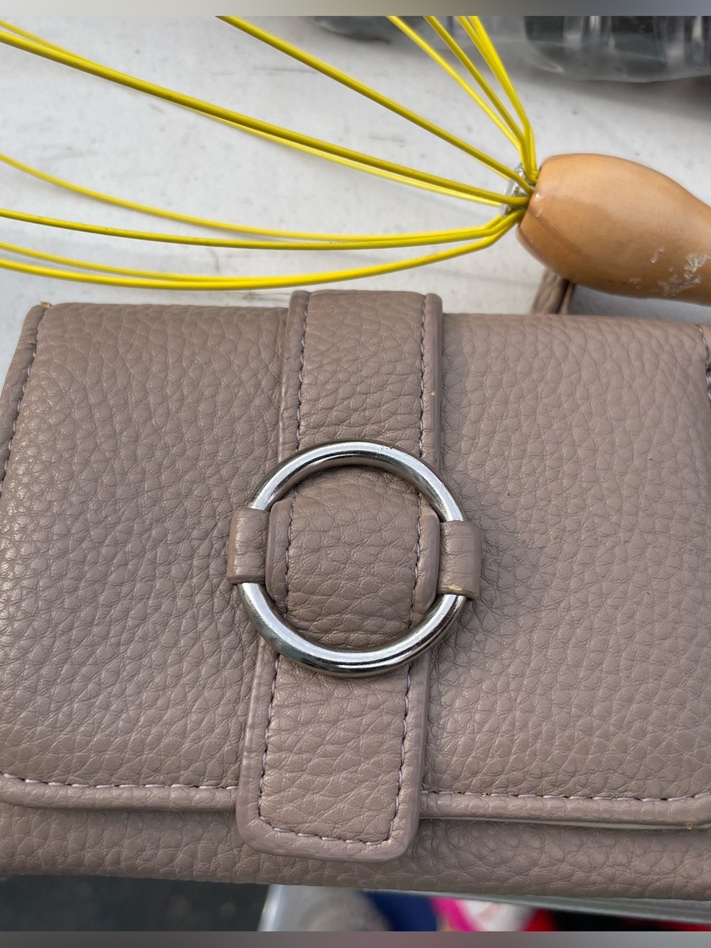 Taupe Pebbled Leather Wallet with Silver Ring Accent